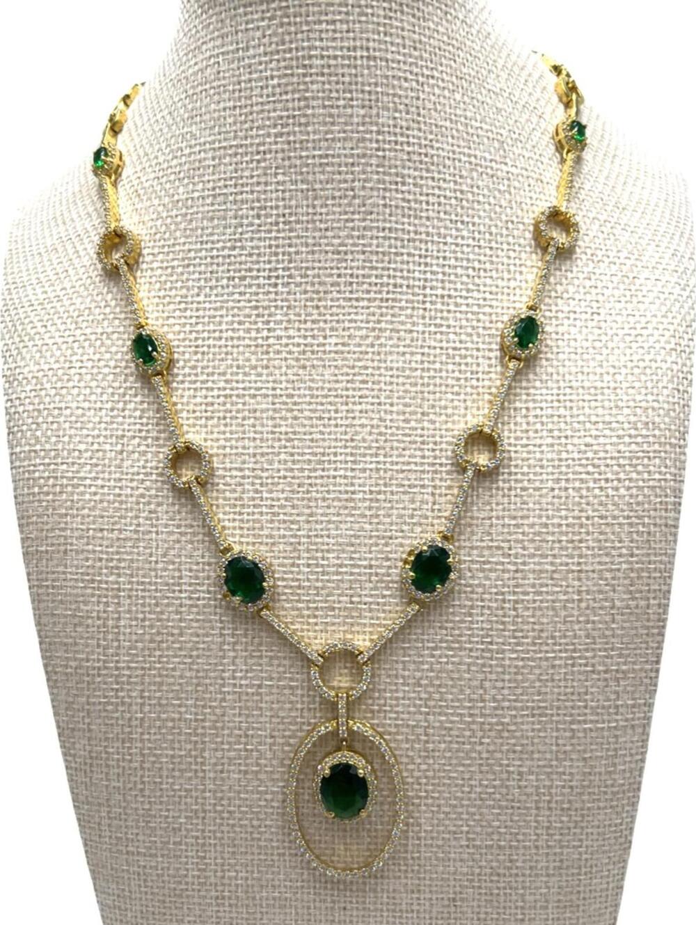 Gold-Over-Sterling Silver Emerald and CZ Art Deco Necklace